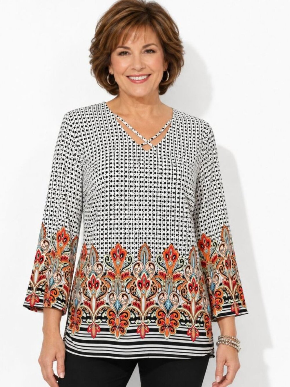 Chico’s Size 0 (S/4) Black White Polka Dot Tunic Top Floral Border V-Neck